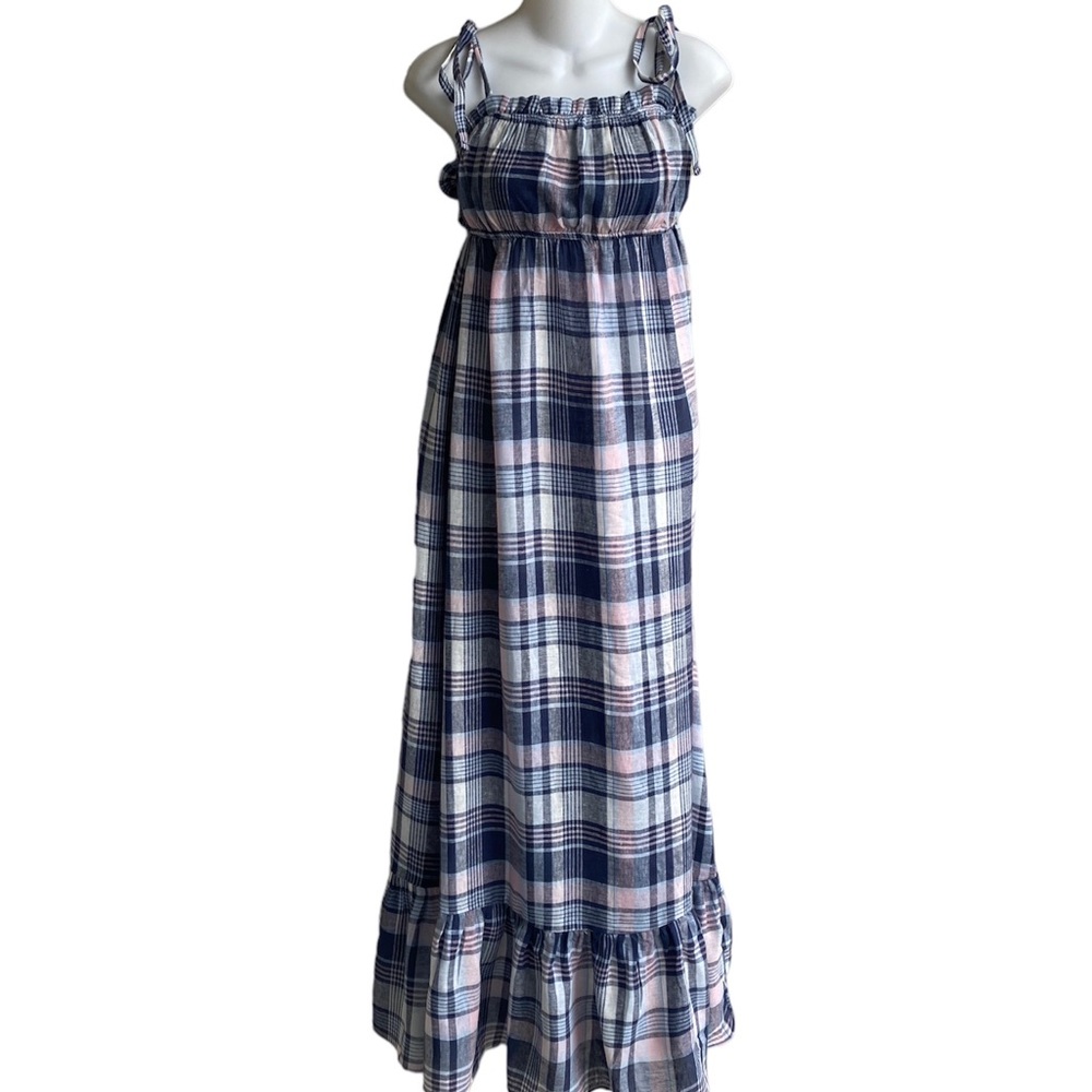 Love Ady Navy Pink Plaid Maxi Dress Ladies Medium/SM Sleeveless Tier Rayon NWT